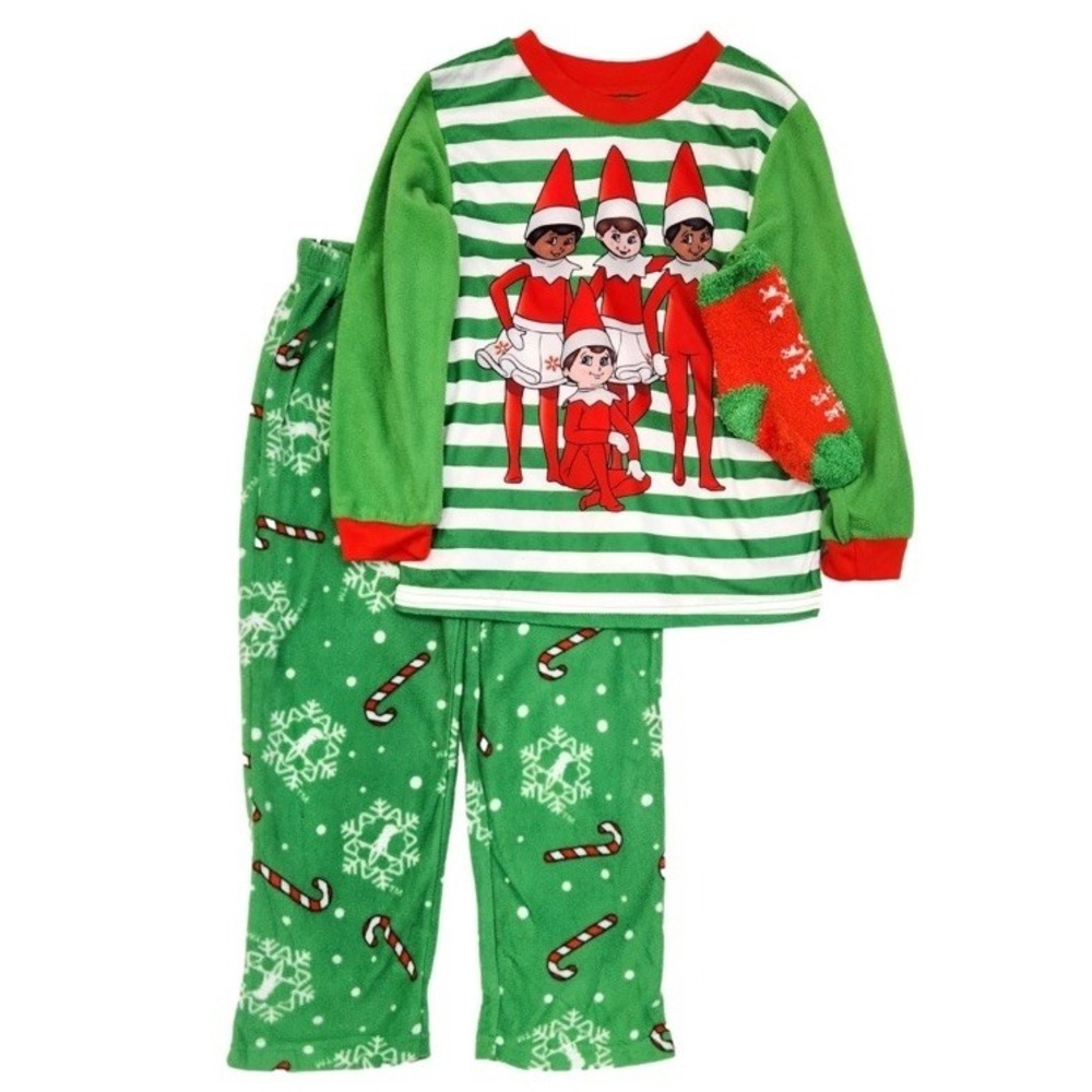 Elf on the Shelf Boys Green Fleece Christmas Holiday Pajamas X-Small 4-5